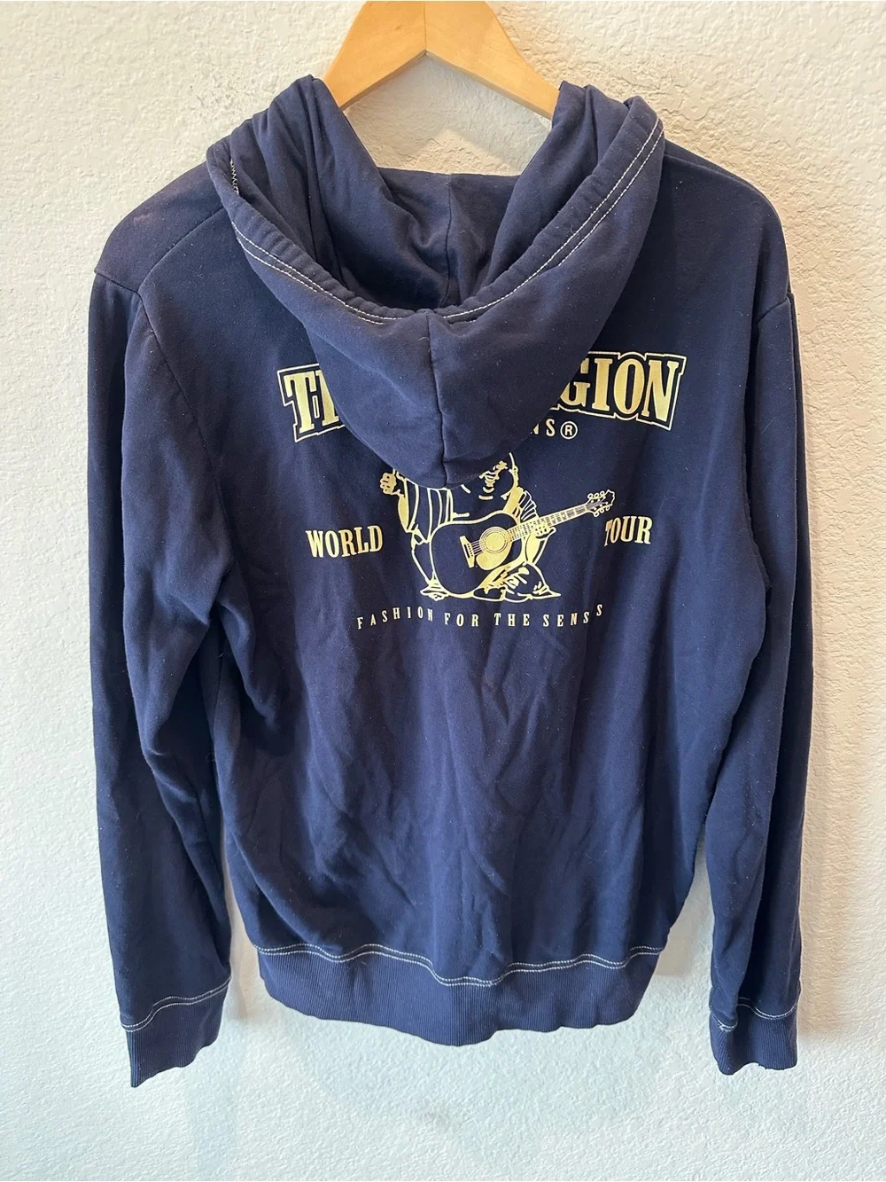 True Religion‎ Mens Navy Blue World Tour Buddha Full Zip Hoodie Horseshoe Logo L